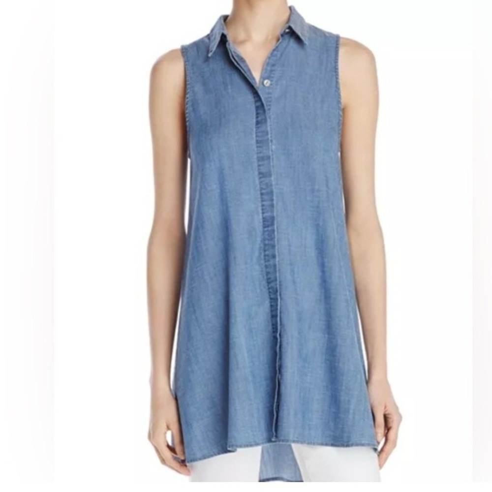 Alice + Olivia Anisa Blue Chambray‎ Sleeveless Tunic Top Linen Lyocell Small